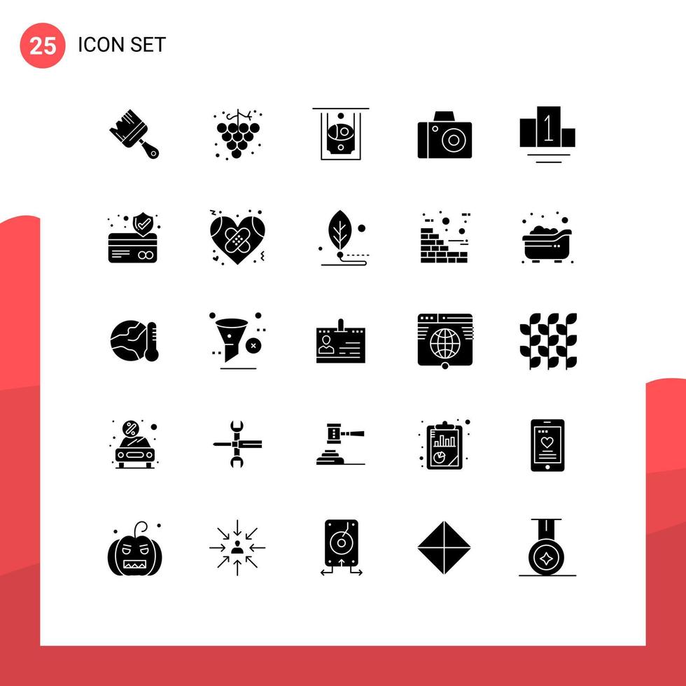 User Interface Pack of 25 Basic Solid Glyphs of card atm card cash sport studio Editable Vector Design Elements