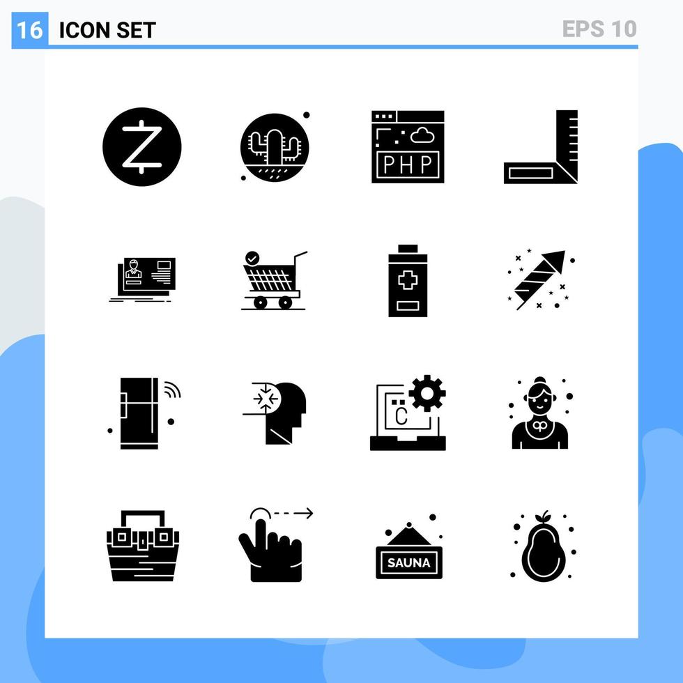 16 iconos modernos de estilo sólido. símbolos de glifos para uso general. signo de icono sólido creativo aislado sobre fondo blanco. Paquete de 16 iconos. vector