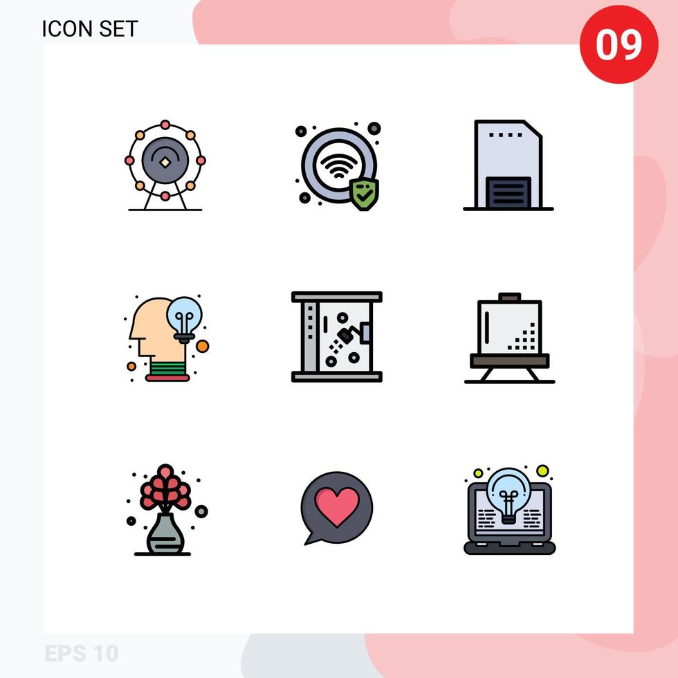 interfaz móvil línea de llenado conjunto de colores planos de 9 pictogramas de baño opinión contacto idea cerebro elementos de diseño vectorial editables vector