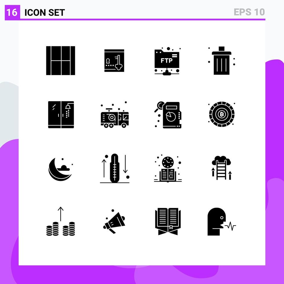 Pack of 16 creative Solid Glyphs of plumber garbage key delete bin Editable Vector Design Elements