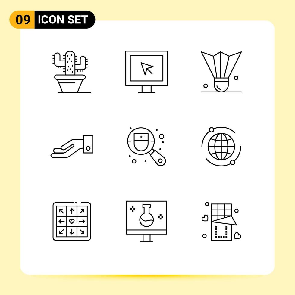 9 Creative Icons Modern Signs and Symbols of medical checkup badminton birdie share alms Editable Vector Design Elements