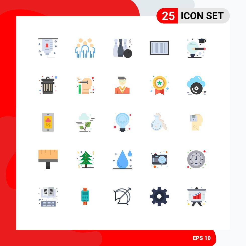 conjunto moderno de 25 colores planos y símbolos, como códigos de barras de bolos de comercio electrónico de bombillas, reproducen elementos de diseño vectorial editables vector