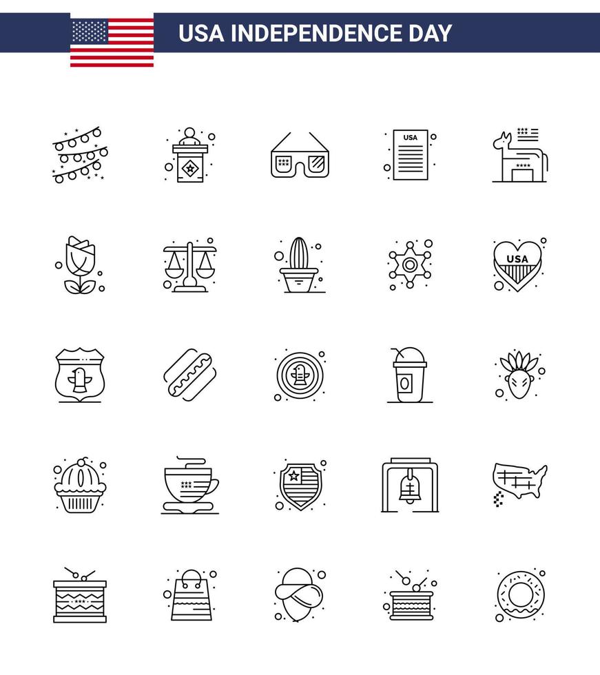 Set of 25 Vector Lines on 4th July USA Independence Day such as symbol american glasses donkey declaration of independence Editable USA Day Vector Design Elements