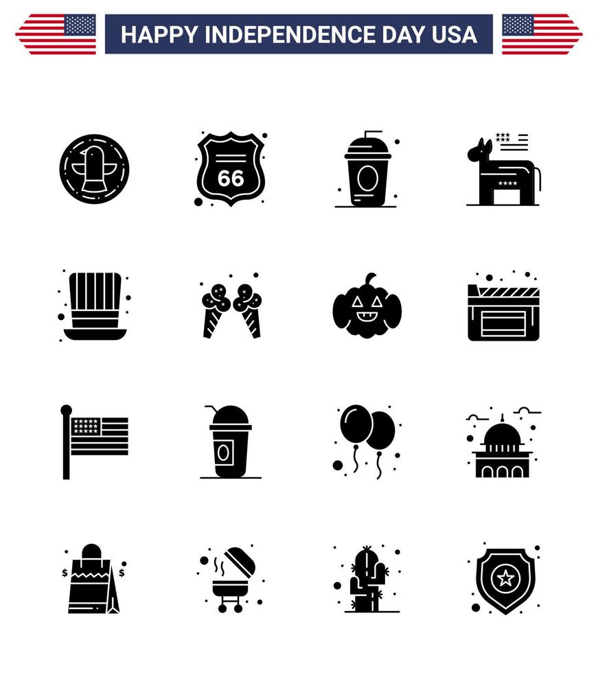 Happy Independence Day Pack of 16 Solid Glyphs Signs and Symbols for day political cake american independece Editable USA Day Vector Design Elements