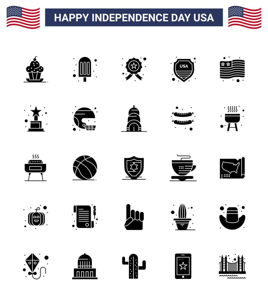 Happy Independence Day Pack of 25 Solid Glyph Signs and Symbols for flag usa badge sign security Editable USA Day Vector Design Elements