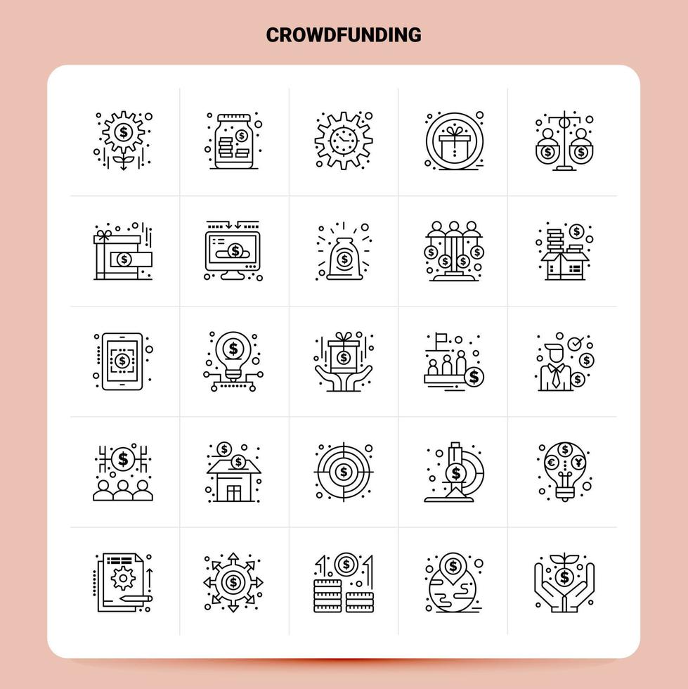 OutLine 25 Crowdfunding Icon set. Vector Line Style Design Black Icons Set. Linear pictogram pack. Web and Mobile Business ideas design Vector Illustration.