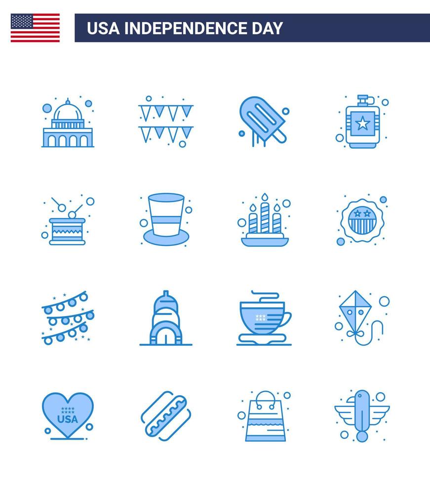 grupo de 16 blues establecidos para el día de la independencia de los estados unidos de américa, como tambor líquido crema hip bebida elementos editables de diseño vectorial del día de estados unidos vector