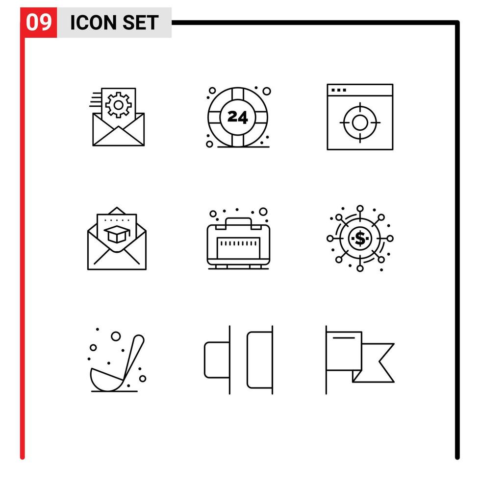 paquete de 9 contornos creativos de elementos de diseño vectorial editables de tapa de graduación de aplicación de correo de equipaje vector