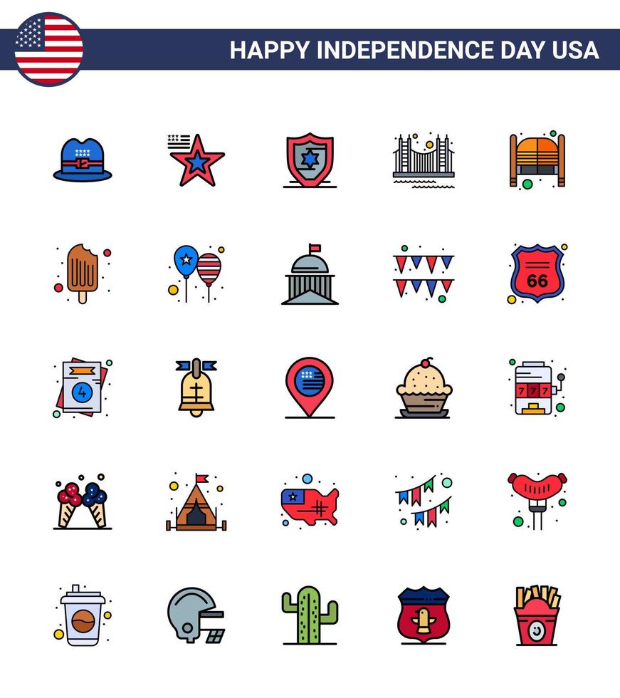 conjunto moderno de 25 líneas planas rellenas y símbolos en el día de la independencia de estados unidos, como puertas, protección de estados unidos, turismo, elementos de diseño vectorial editables dorados del día de estados unidos vector