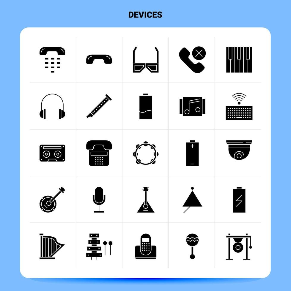 conjunto de iconos de 25 dispositivos sólidos. conjunto de iconos negros de diseño de estilo de glifo vectorial. ilustración vectorial de diseño de ideas de negocios web y móviles. vector