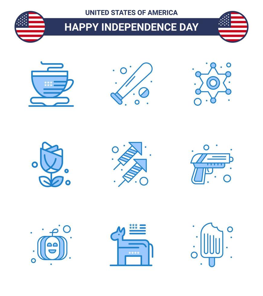 Happy Independence Day Pack of 9 Blues Signs and Symbols for fire plent men usa flower Editable USA Day Vector Design Elements