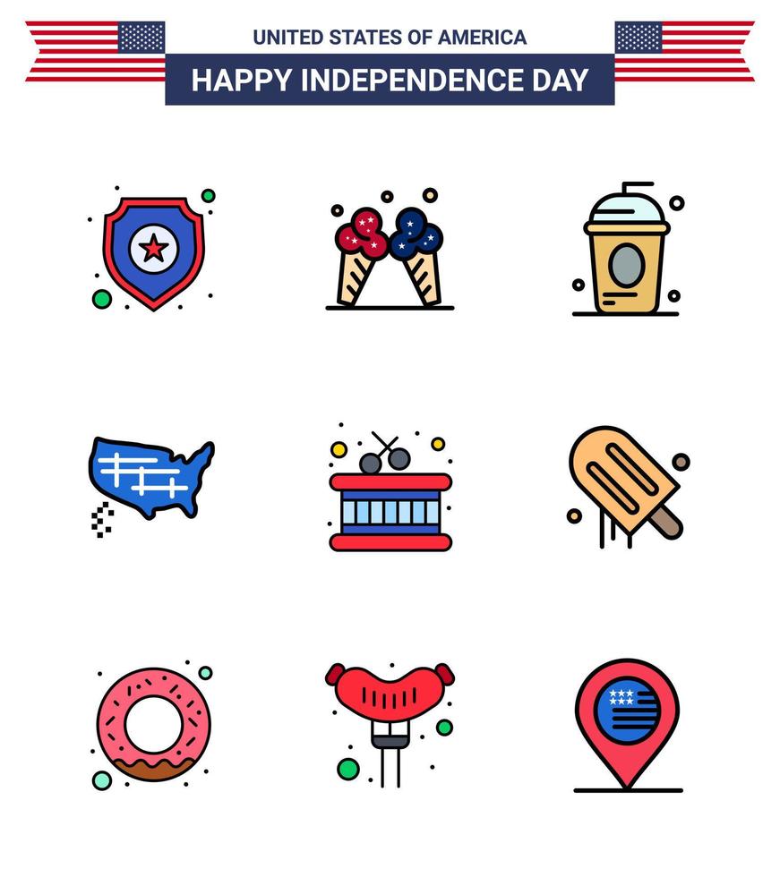 Set of 9 USA Day Icons American Symbols Independence Day Signs for drum united cake states independece Editable USA Day Vector Design Elements