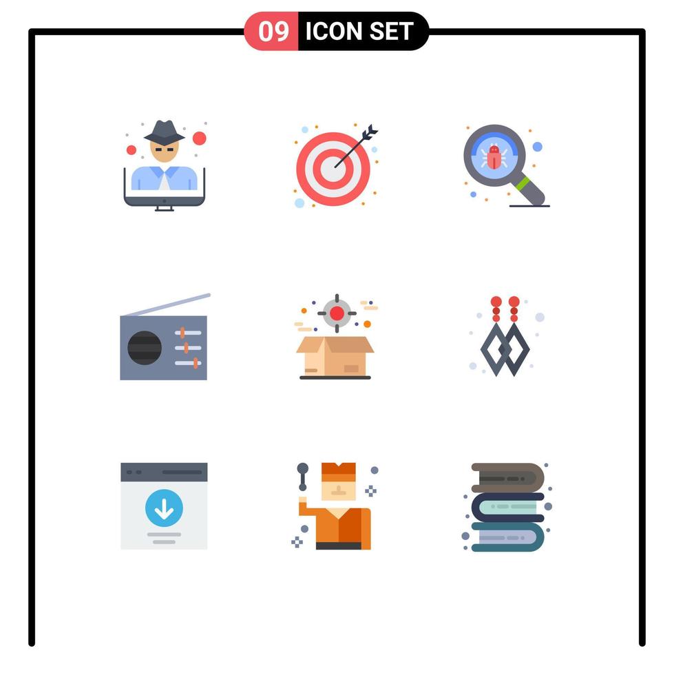 Group of 9 Flat Colors Signs and Symbols for crate box bug signal media Editable Vector Design Elements