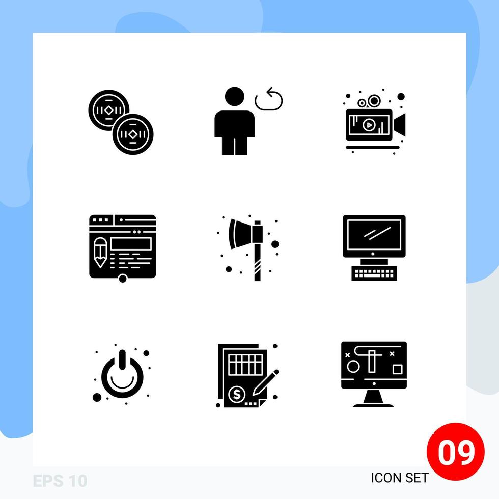 Group of 9 Solid Glyphs Signs and Symbols for hatchet pencil camera website layout Editable Vector Design Elements