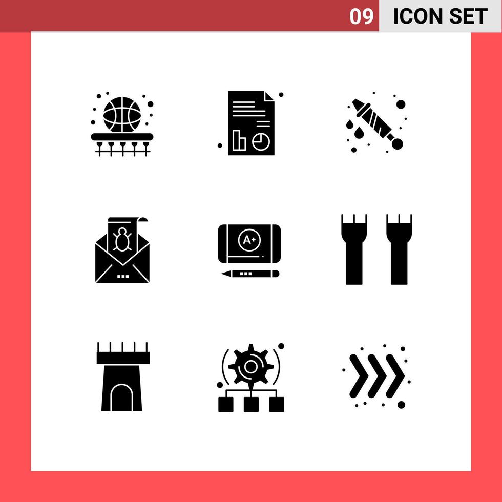 Group of 9 Modern Solid Glyphs Set for threat malware water email e Editable Vector Design Elements