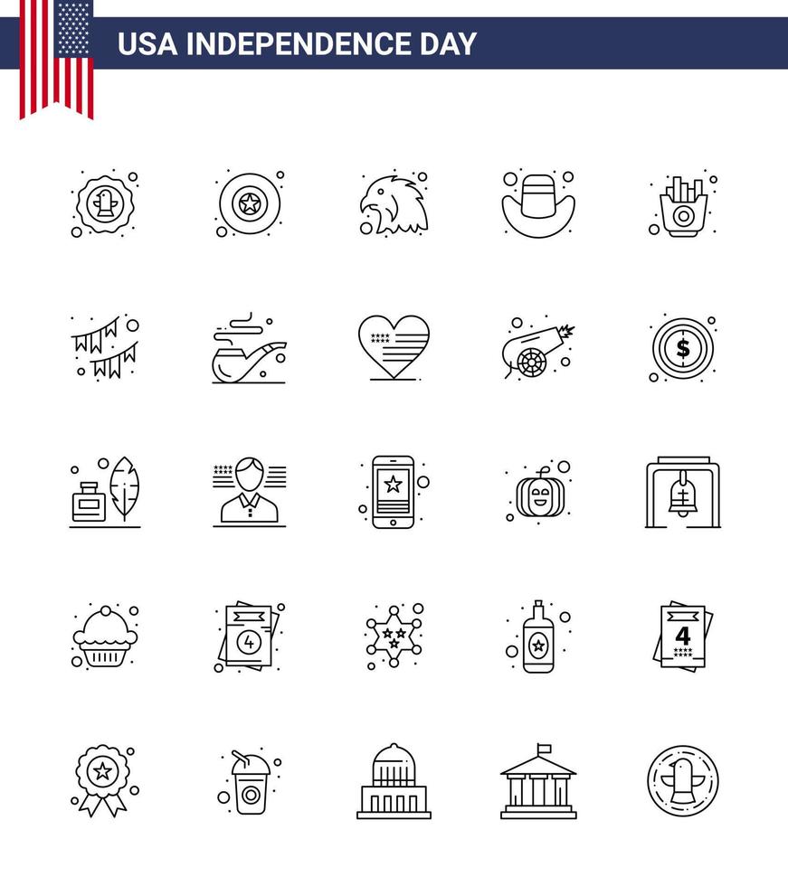 USA Happy Independence DayPictogram Set of 25 Simple Lines of chips food animal fast cap Editable USA Day Vector Design Elements