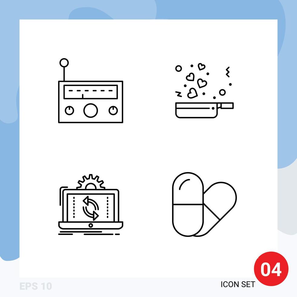 conjunto de pictogramas de 4 colores planos de línea de llenado simple del dispositivo que procesa el amor de radio que informa elementos de diseño vectorial editables vector