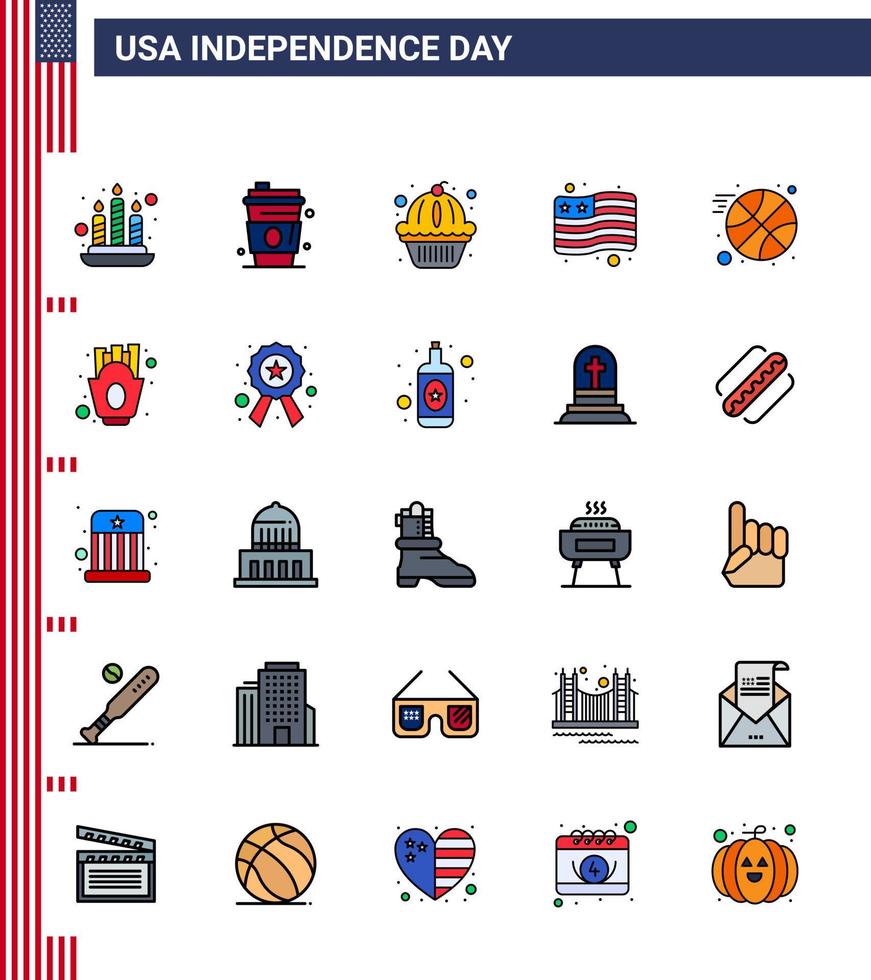 Set of 25 Vector Flat Filled Lines on 4th July USA Independence Day such as chips ball muffin basketball flag Editable USA Day Vector Design Elements