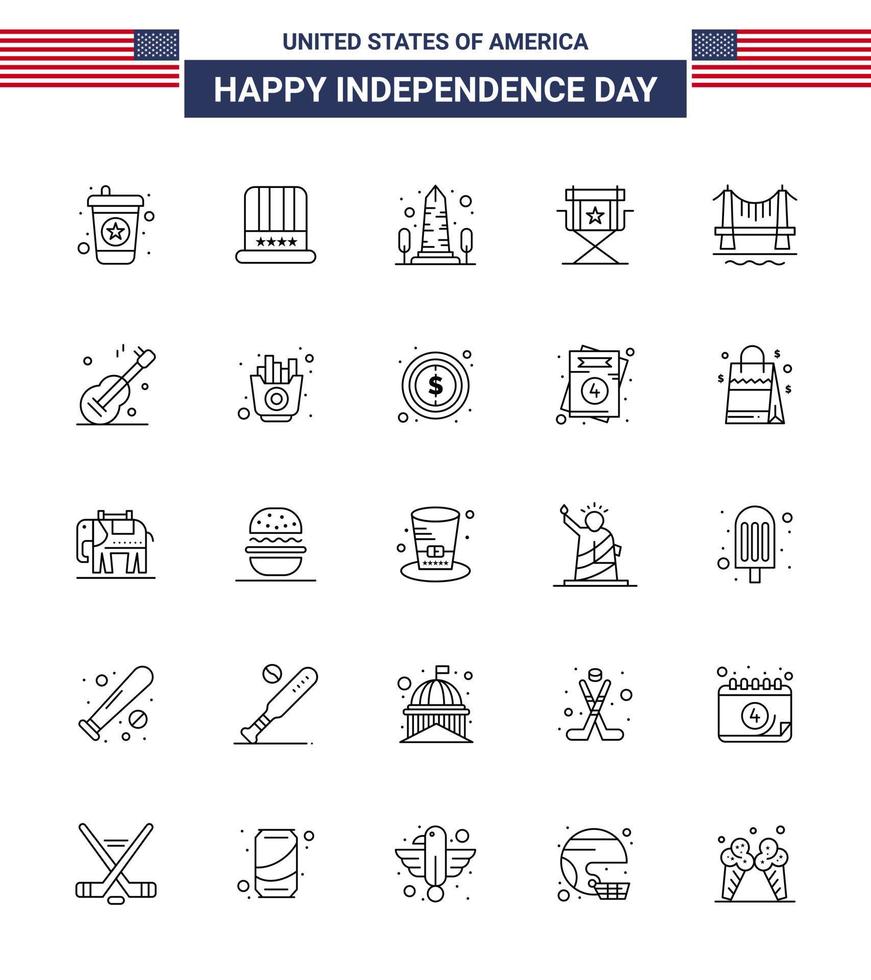 Modern Set of 25 Lines and symbols on USA Independence Day such as bridge star monument movies chair Editable USA Day Vector Design Elements