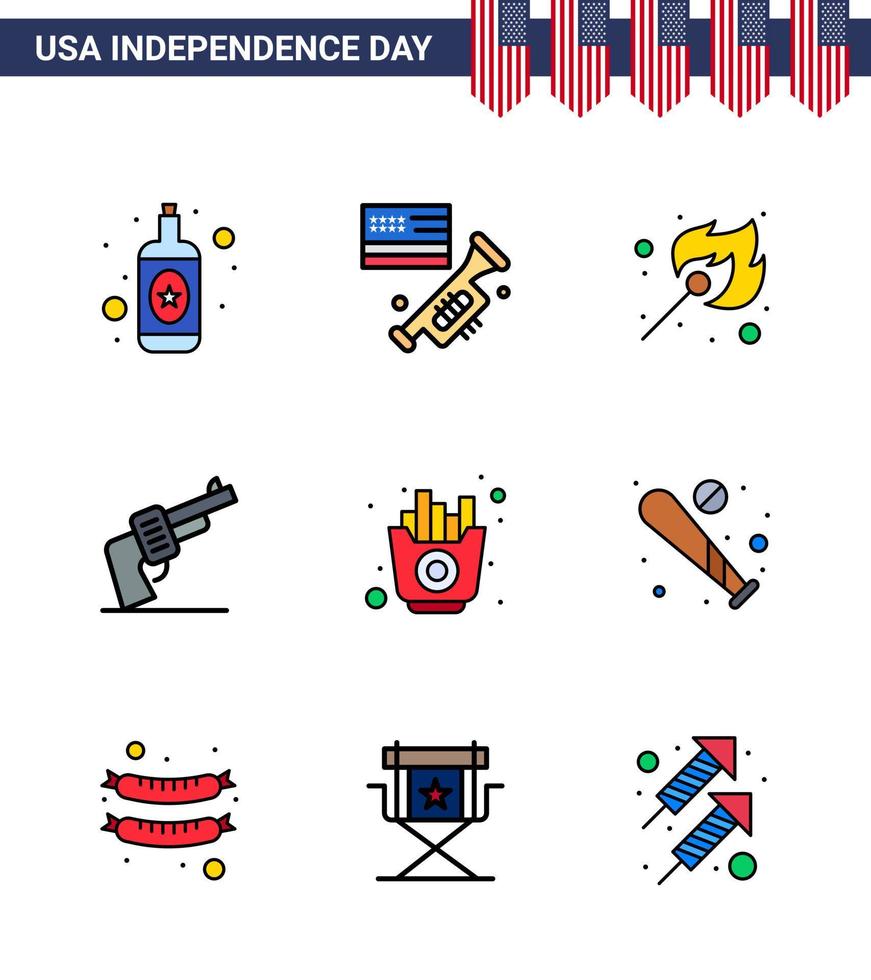 paquete de línea plana llena de 9 símbolos del día de la independencia de estados unidos de papas fritas fuego rápido elementos de diseño vectorial del día de estados unidos editables a mano americana vector