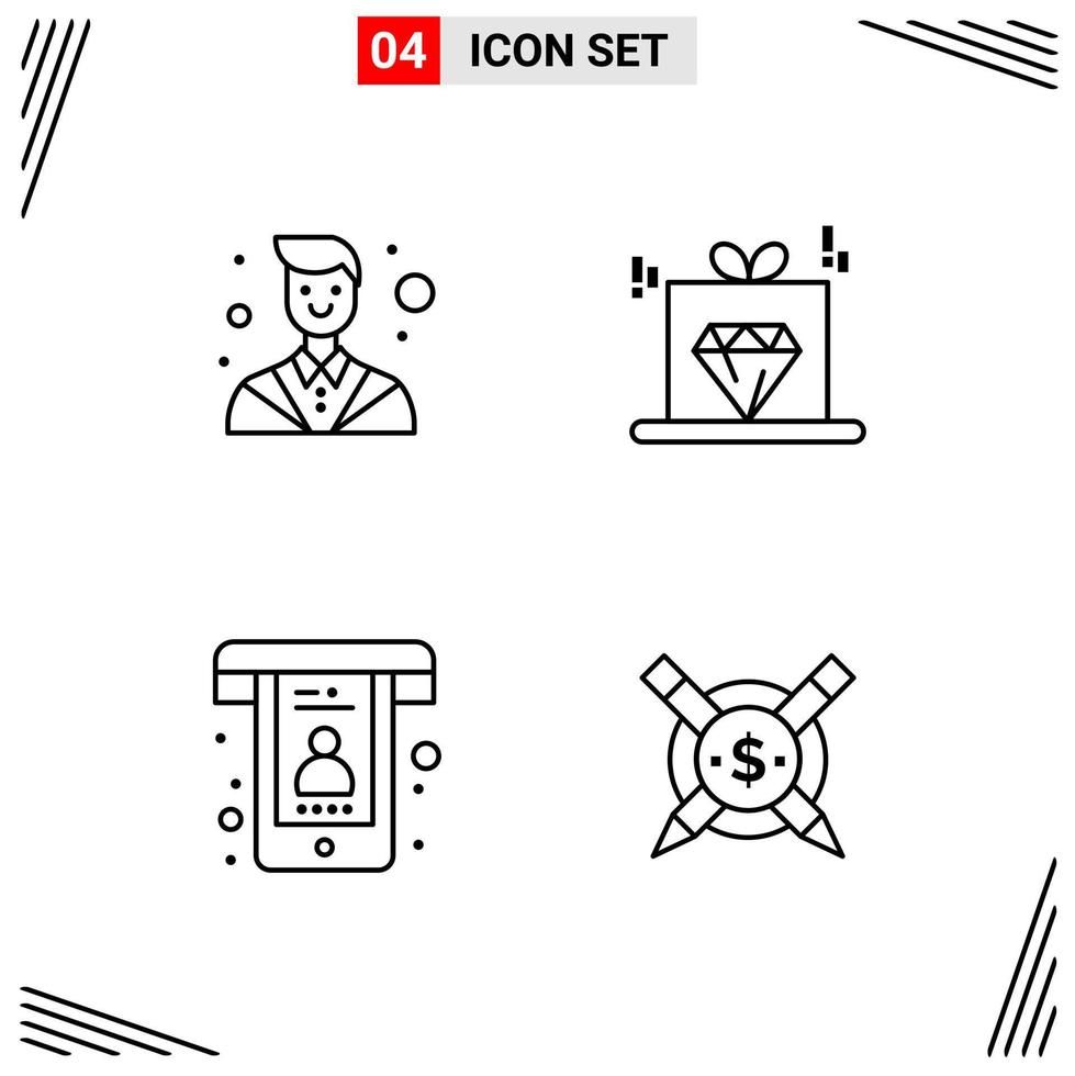 Estilo de línea de 4 iconos. símbolos de esquema creativos basados en cuadrículas para el diseño de sitios web. signos de icono de línea simple aislados en fondo blanco. 4 conjunto de iconos. vector
