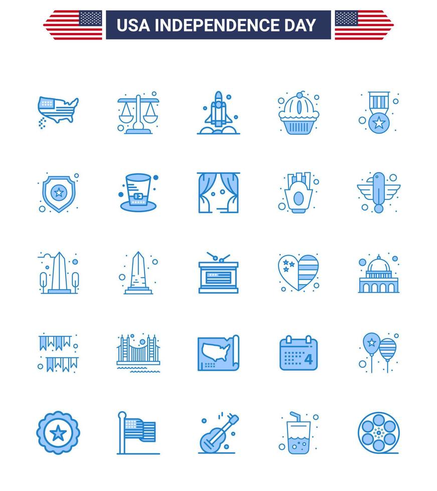Modern Set of 25 Blues and symbols on USA Independence Day such as award states launcher muffin usa Editable USA Day Vector Design Elements