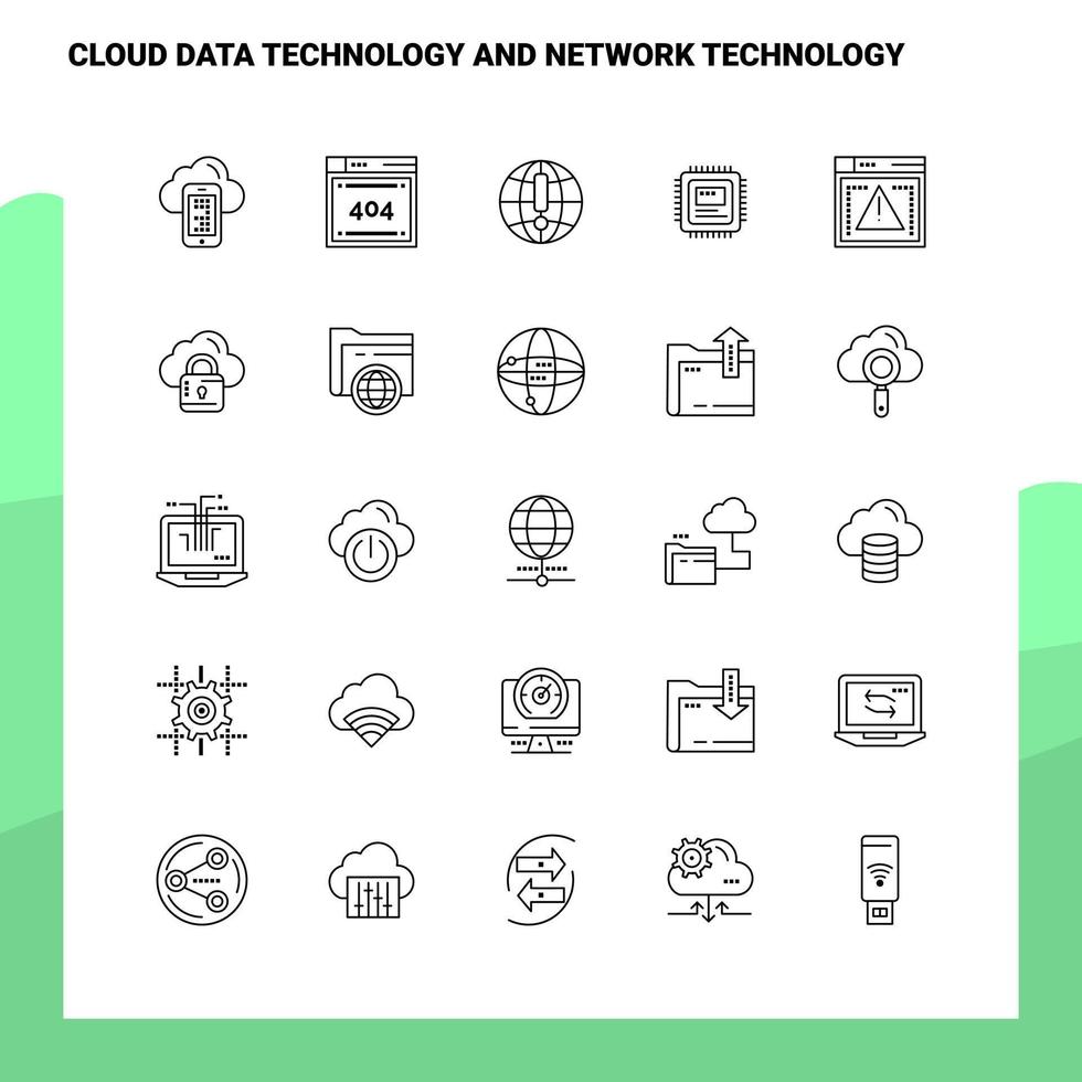 conjunto de tecnología de datos en la nube y conjunto de iconos de línea de tecnología de red 25 iconos. conjunto de iconos negros de diseño de estilo minimalista vectorial. paquete de pictogramas lineales. vector