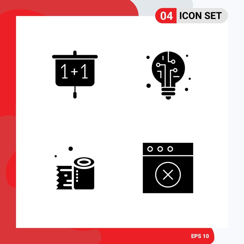 Mobile Interface Solid Glyph Set of 4 Pictograms of chart tissue paper school bulb app Editable Vector Design Elements