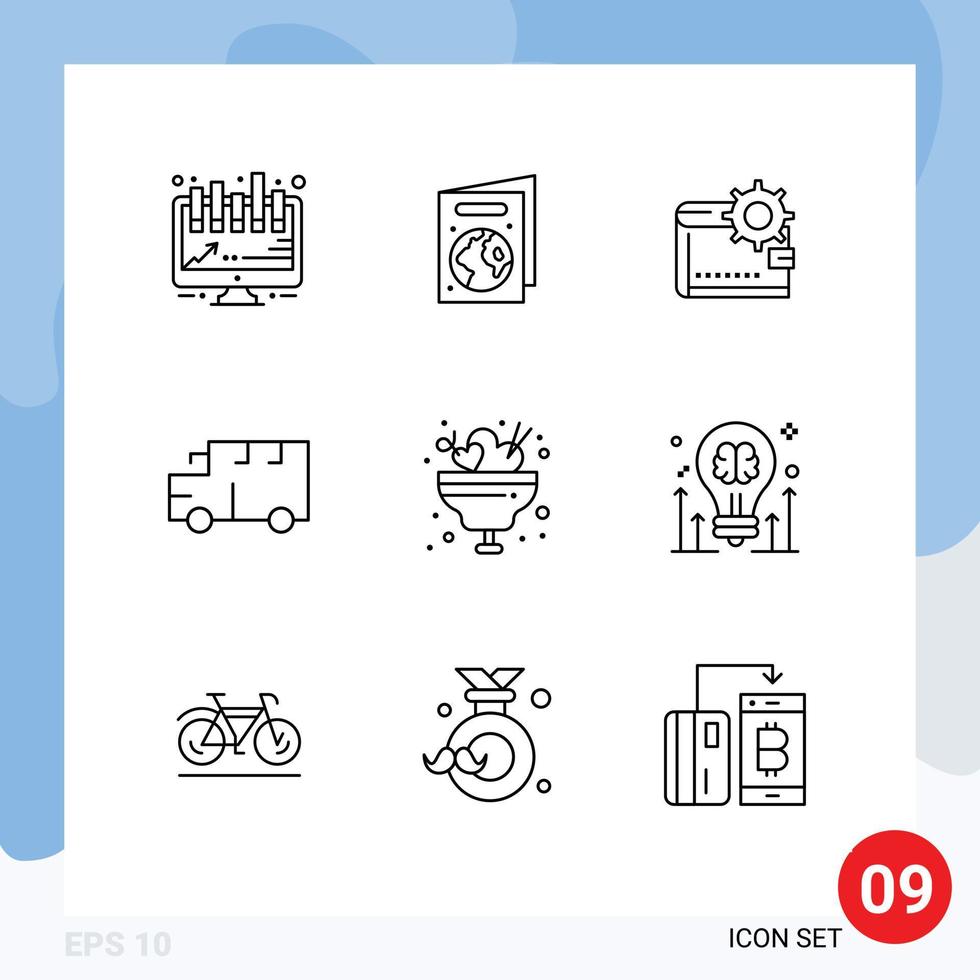 Set of 9 Modern UI Icons Symbols Signs for love bowl transportation finance school making Editable Vector Design Elements