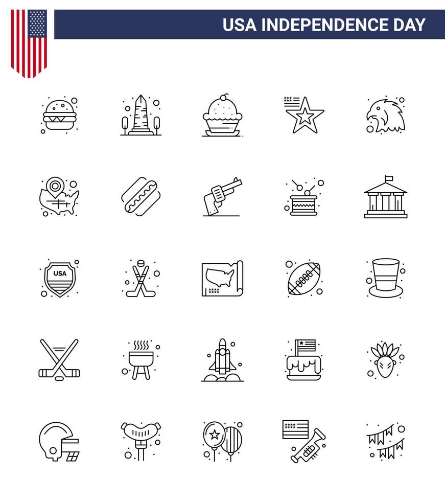 Set of 25 USA Day Icons American Symbols Independence Day Signs for animal flag cake american thanksgiving Editable USA Day Vector Design Elements