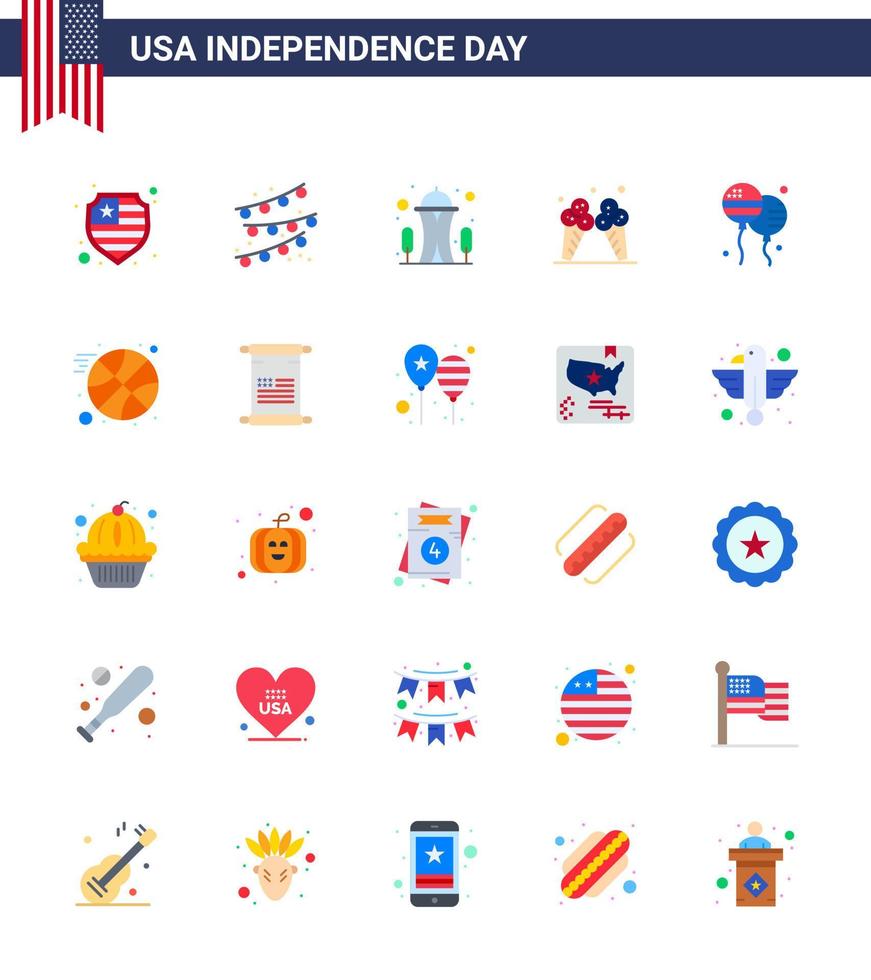 Set of 25 Vector Flats on 4th July USA Independence Day such as american bloons needle bloon cream Editable USA Day Vector Design Elements