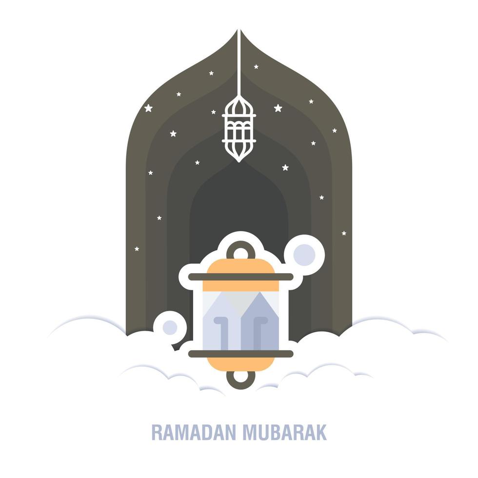 Ramadan Kareem islamic design crescent moon and mosque dome silhouette with arabic pattern and calligraphy vector