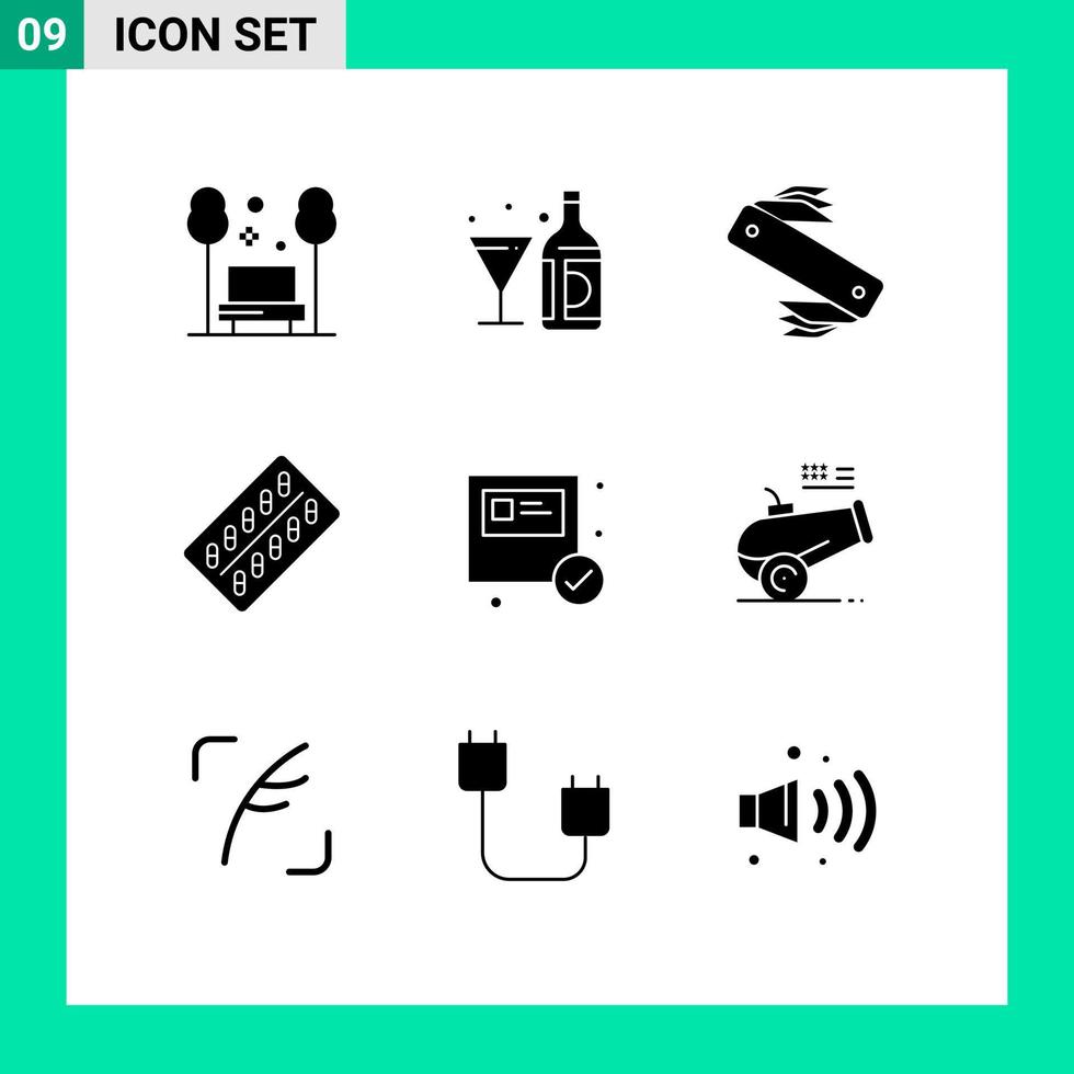 Universal Icon Symbols Group of 9 Modern Solid Glyphs of drugs medicine bottle pocket camping Editable Vector Design Elements