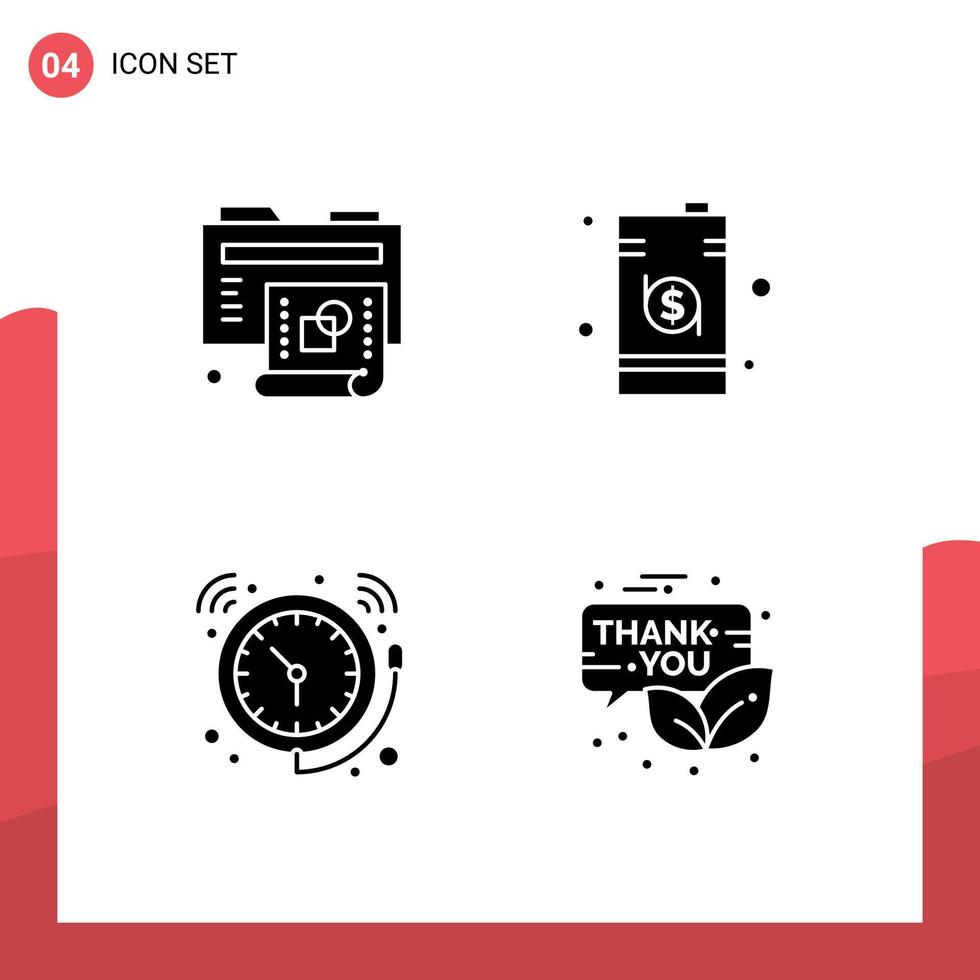 Set of 4 Modern UI Icons Symbols Signs for creative alarm folder dollar clock Editable Vector Design Elements