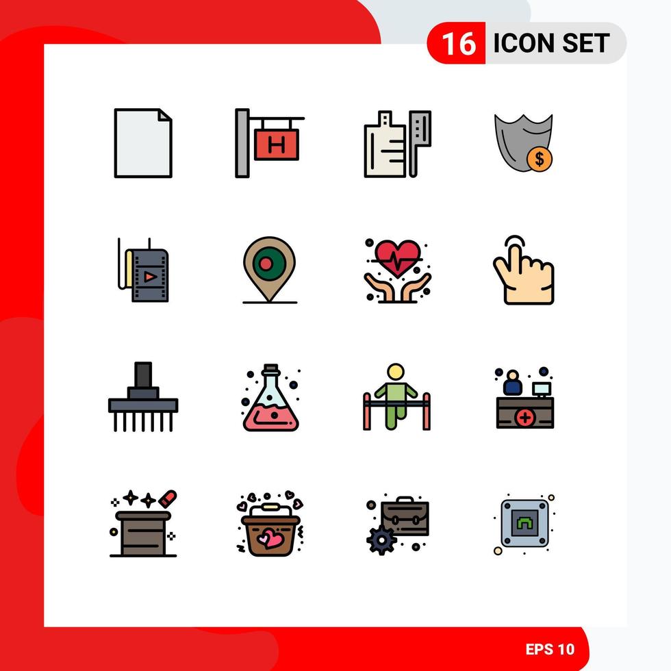 Group of 16 Modern Flat Color Filled Lines Set for studio film drink dollar secure Editable Creative Vector Design Elements