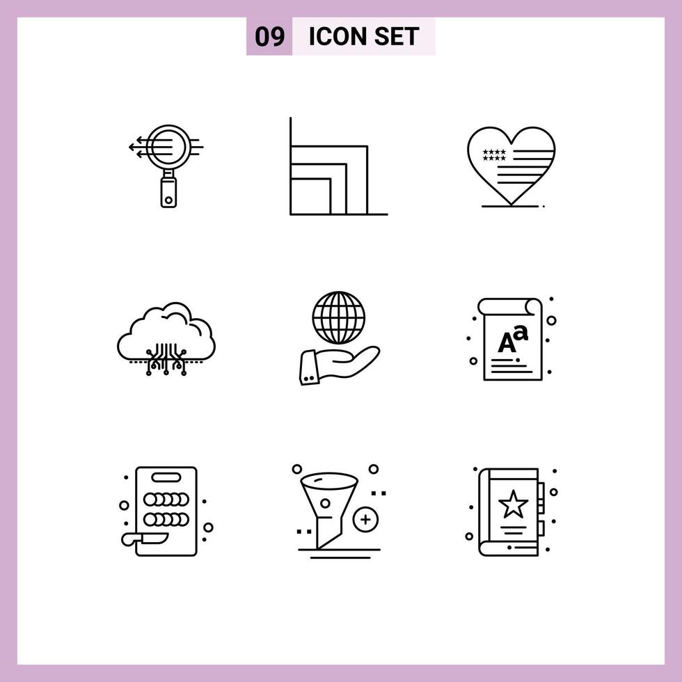 Mobile Interface Outline Set of 9 Pictograms of business hosting heart data cloud Editable Vector Design Elements