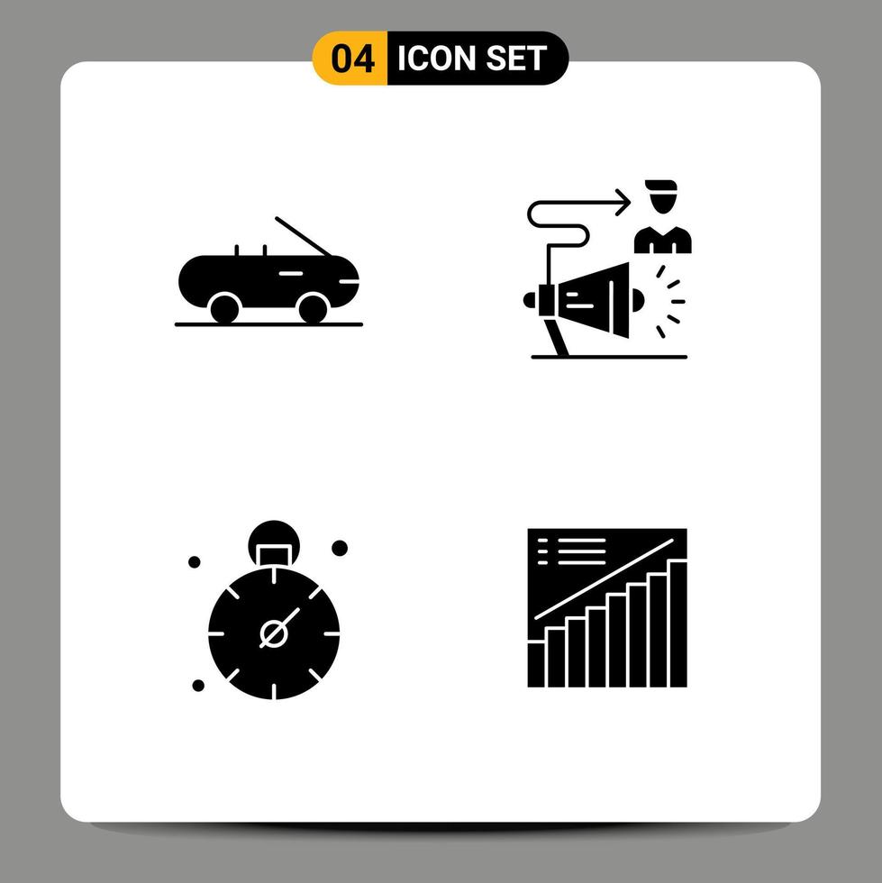 Set of 4 Vector Solid Glyphs on Grid for cabriolet time target megaphone graph Editable Vector Design Elements