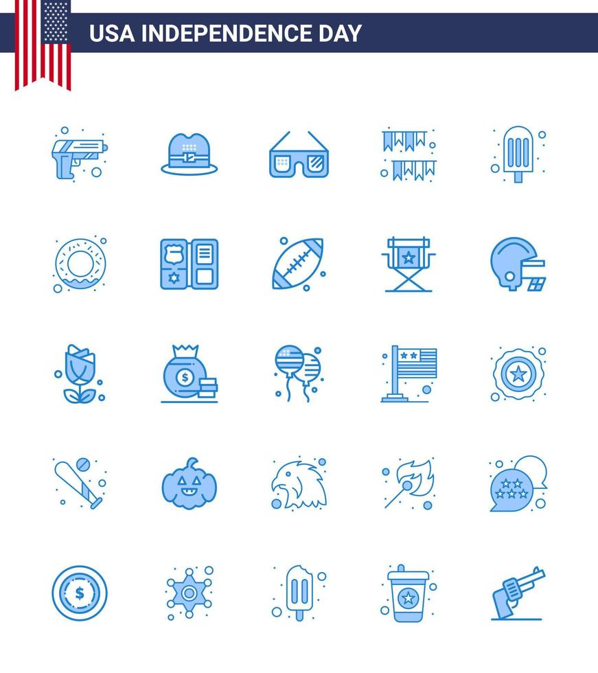 Pack of 25 USA Independence Day Celebration Blues Signs and 4th July Symbols such as food party glasses decoration garland Editable USA Day Vector Design Elements