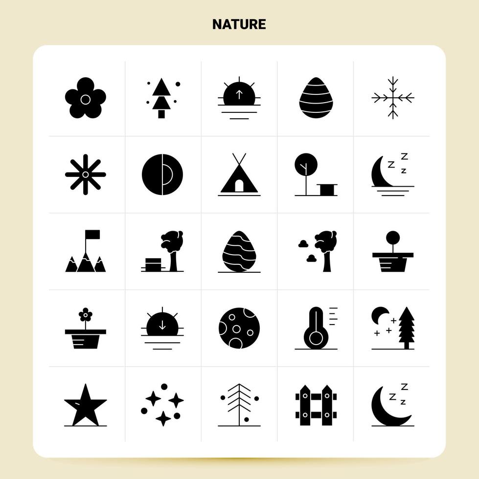 Solid 25 Nature Icon set. Vector Glyph Style Design Black Icons Set. Web and Mobile Business ideas design Vector Illustration.