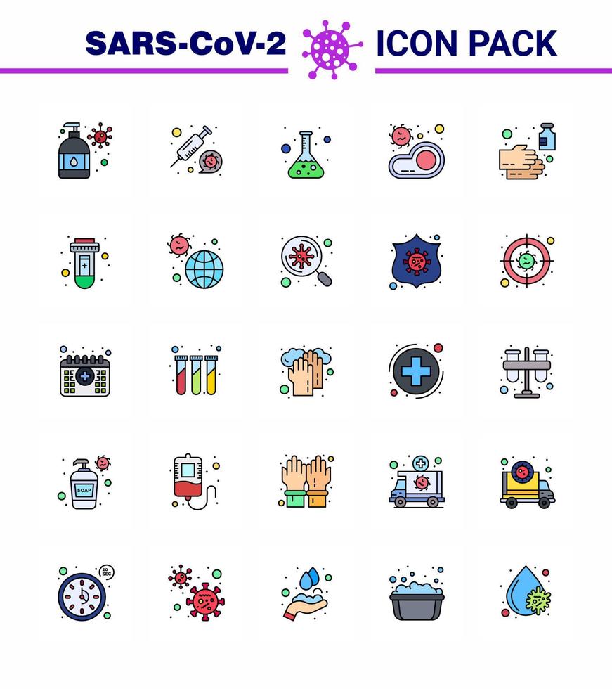 Coronavirus Precaution Tips icon for healthcare guidelines presentation 25 Flat Color Filled Line icon pack such as cleaning transmission flask meat bacteria viral coronavirus 2019nov disease Vec vector