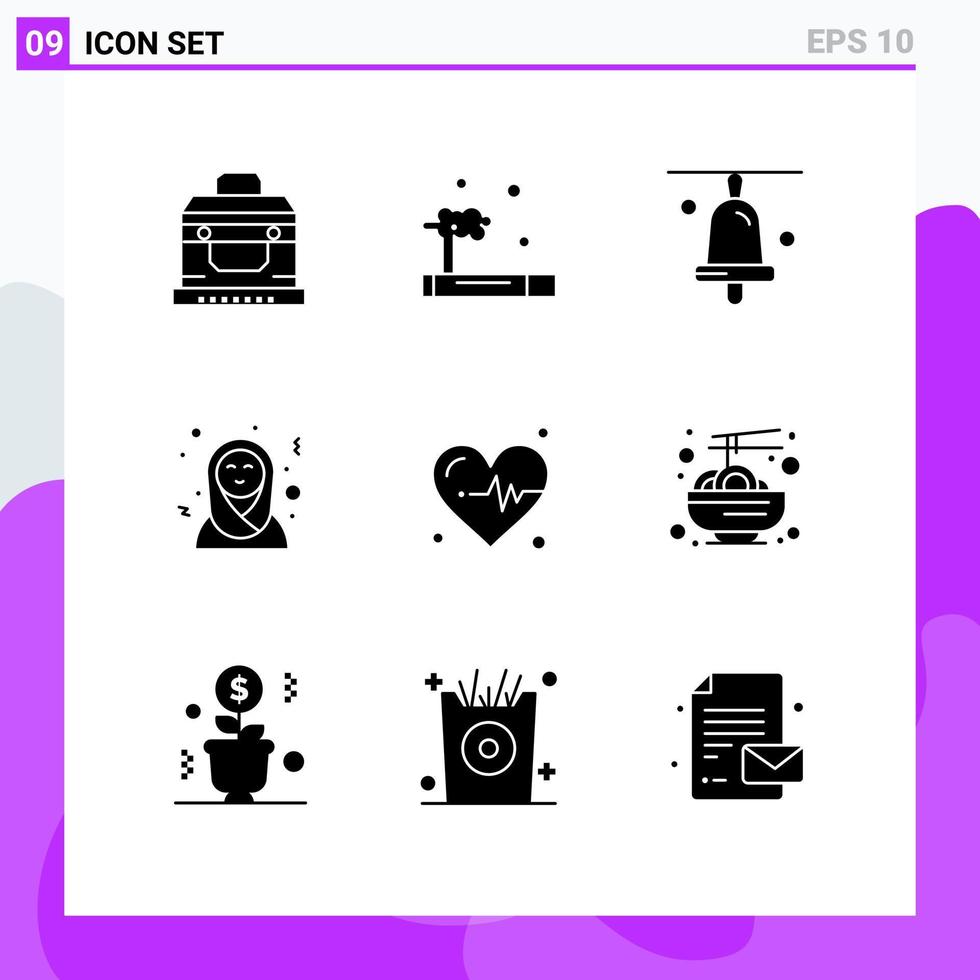 User Interface Pack of 9 Basic Solid Glyphs of china heart bell medical arabic Editable Vector Design Elements