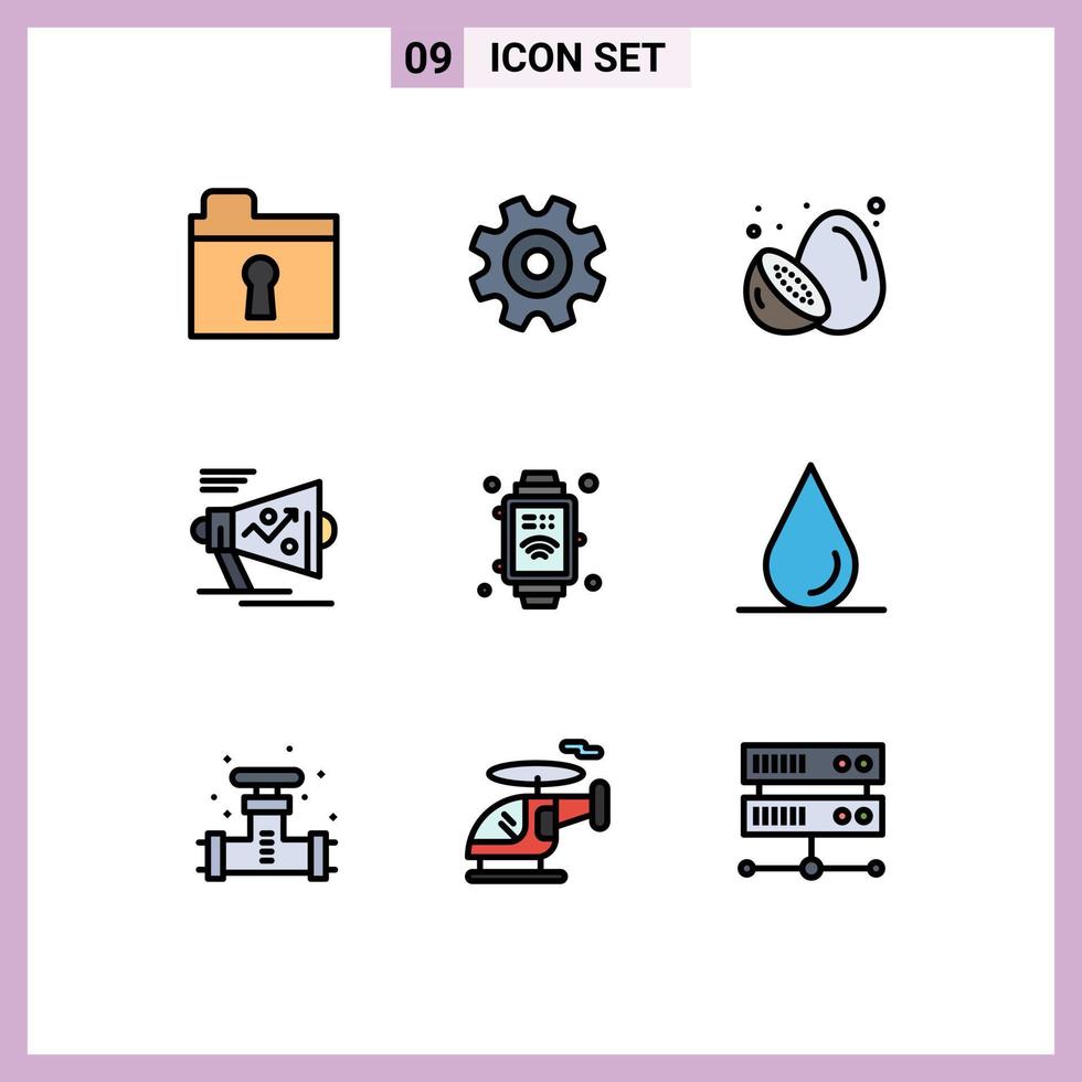 9 Thematic Vector Filledline Flat Colors and Editable Symbols of hand watch strategy fruit loudspeaker marketing Editable Vector Design Elements