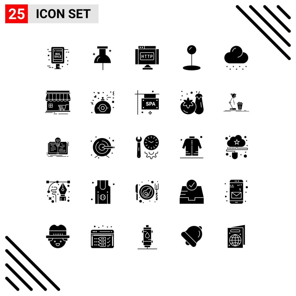 Mobile Interface Solid Glyph Set of 25 Pictograms of store weather http snow pin Editable Vector Design Elements