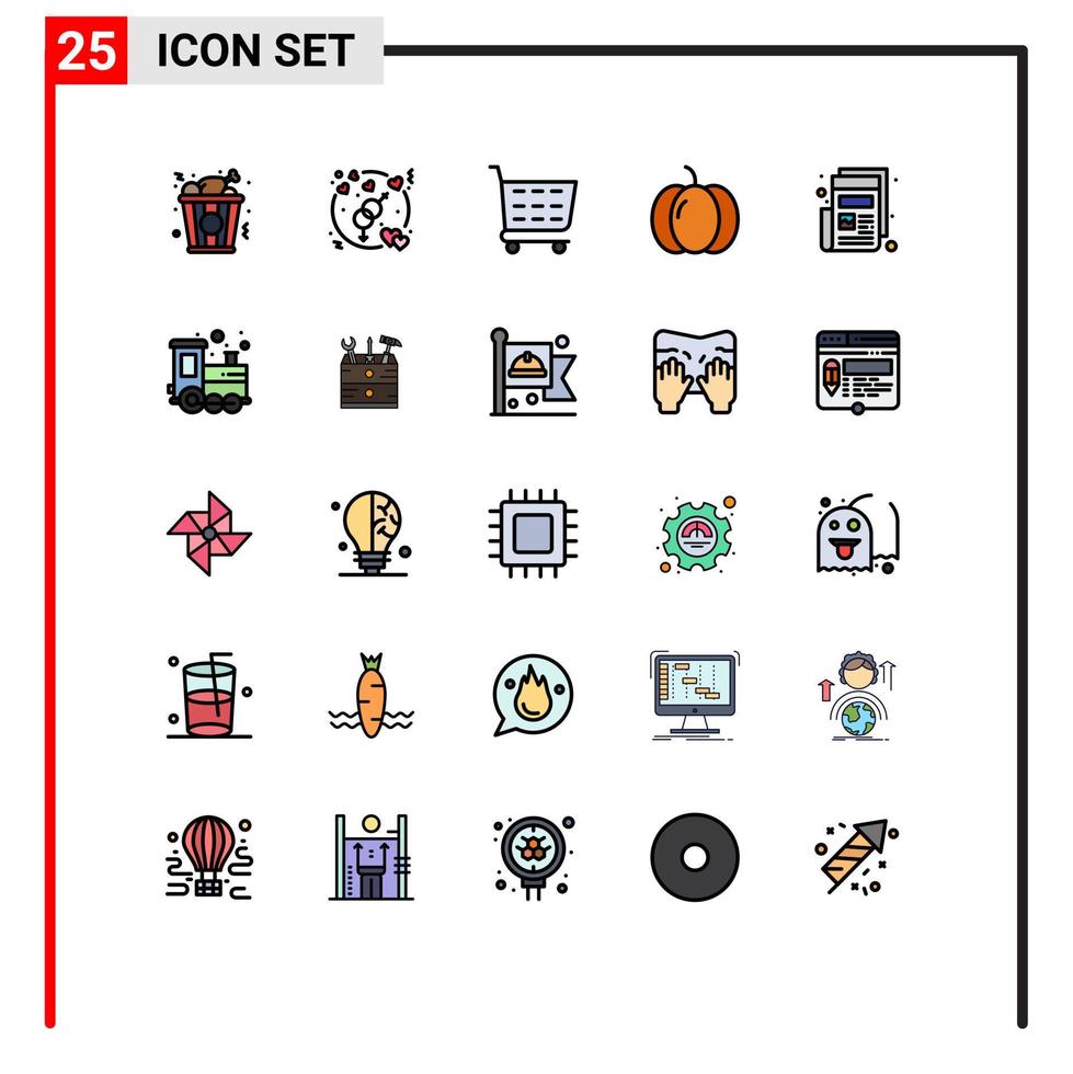 conjunto de pictogramas de 25 colores planos de línea llena simple de elementos de diseño de vector editable de calabaza de noticias de tienda de periódicos impresos