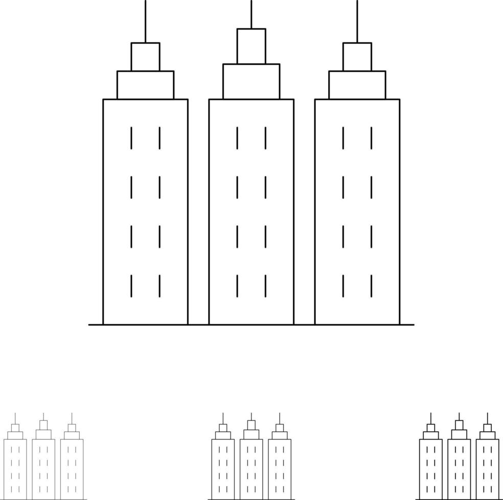 torre de construcción de edificios conjunto de iconos de línea negra audaz y delgada vector
