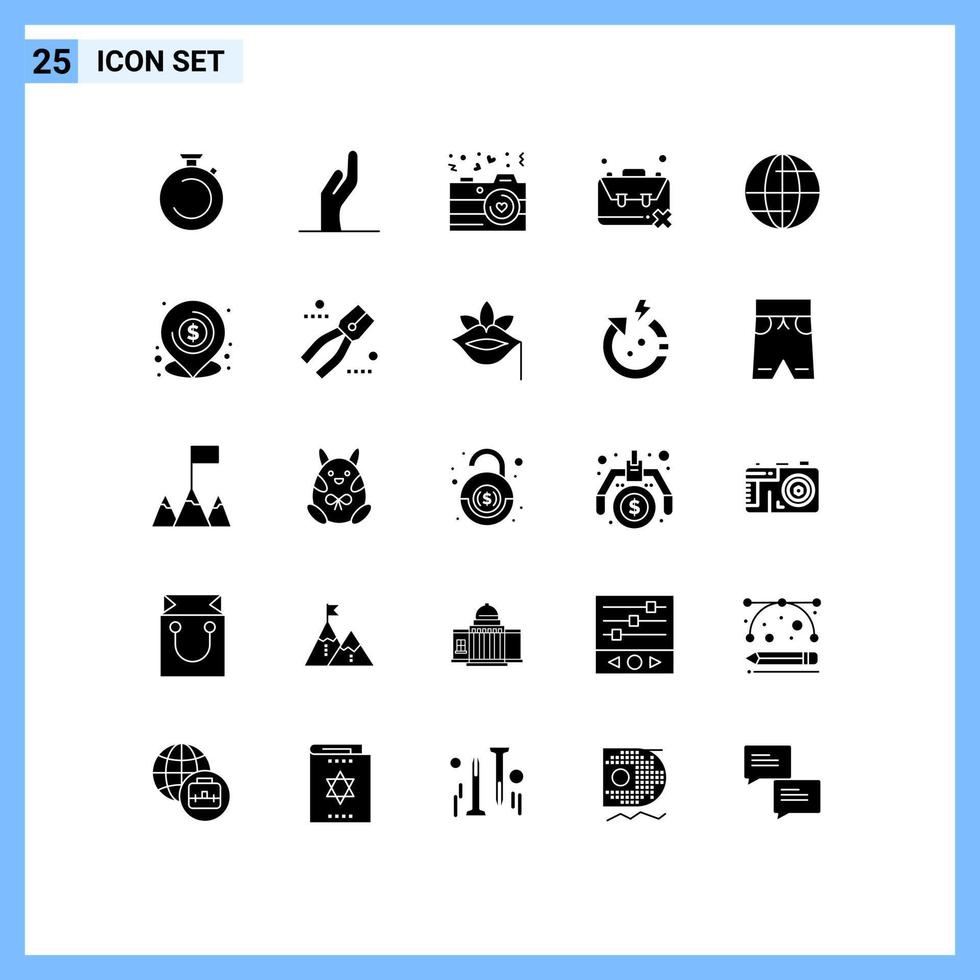 User Interface Pack of 25 Basic Solid Glyphs of global problem camera population idleness Editable Vector Design Elements