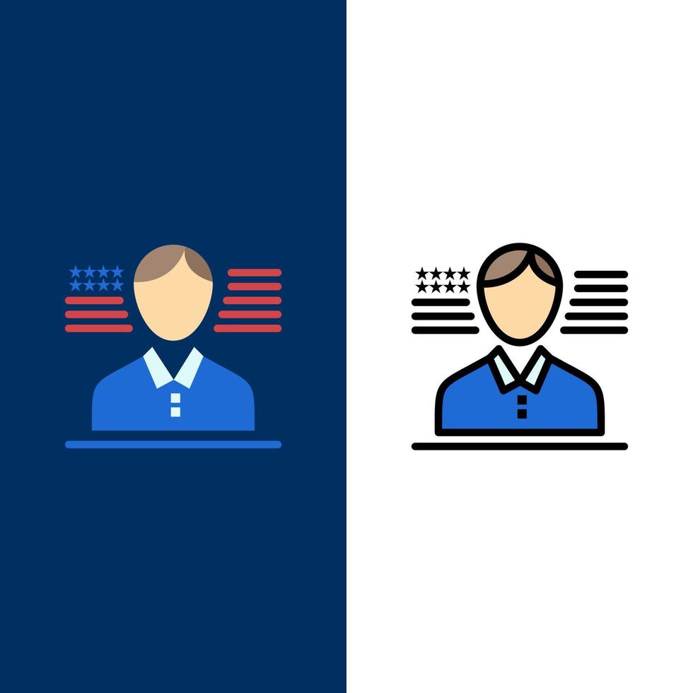 Man American Flag  Icons Flat and Line Filled Icon Set Vector Blue Background