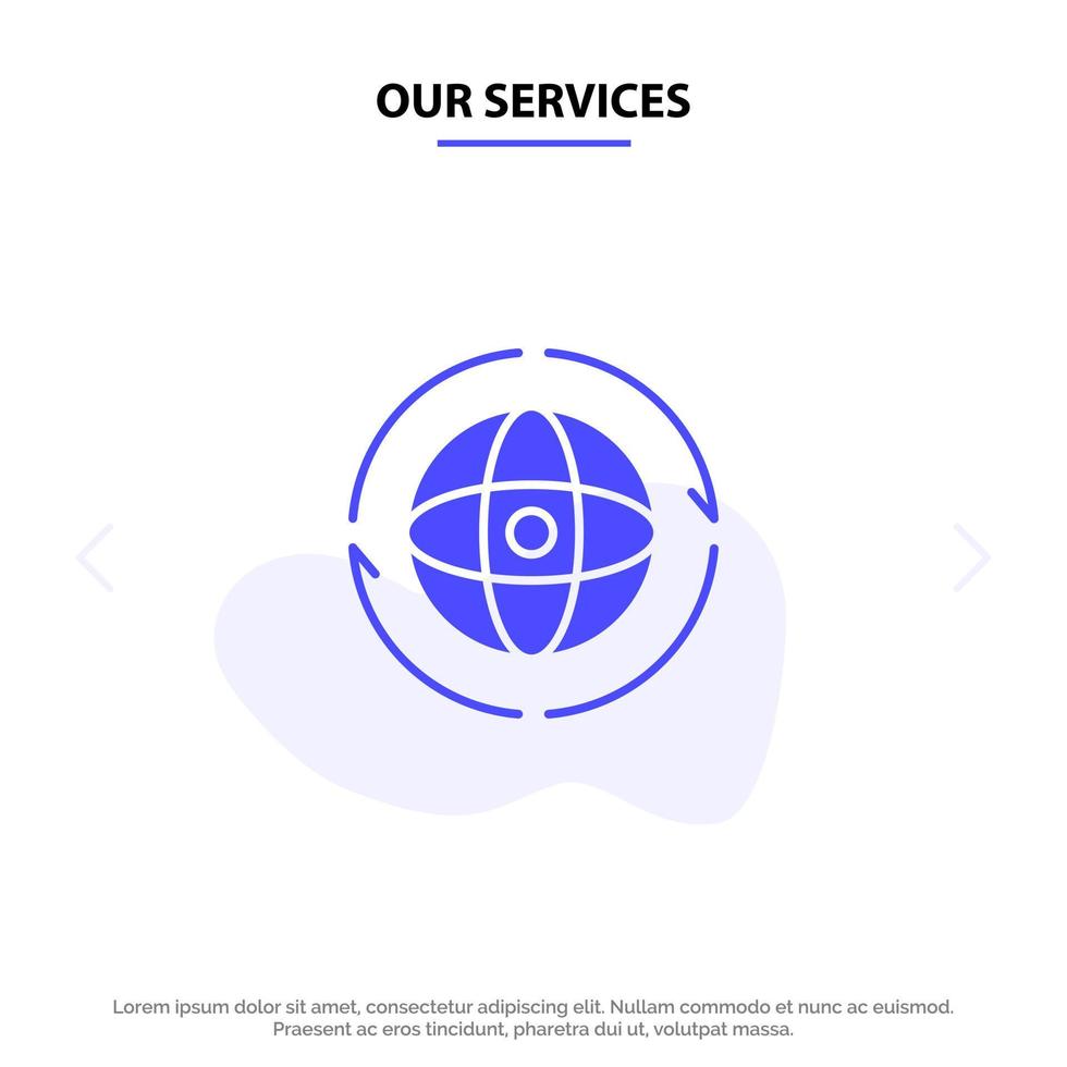 nuestros servicios globo mundo tierra átomo conectar glifo sólido icono plantilla de tarjeta web vector