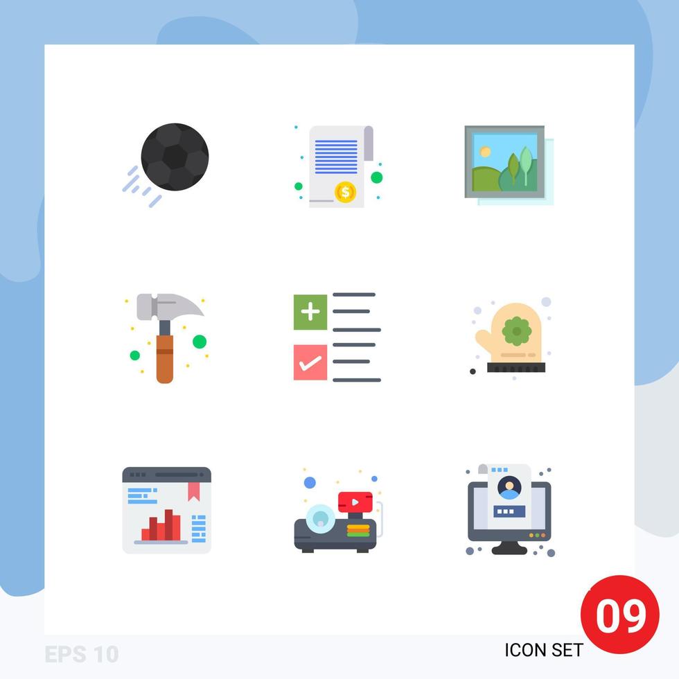 paquete de 9 signos y símbolos modernos de colores planos para medios de impresión web, como elementos de diseño de vectores editables de imagen de martillo de impuestos de martillo de texto