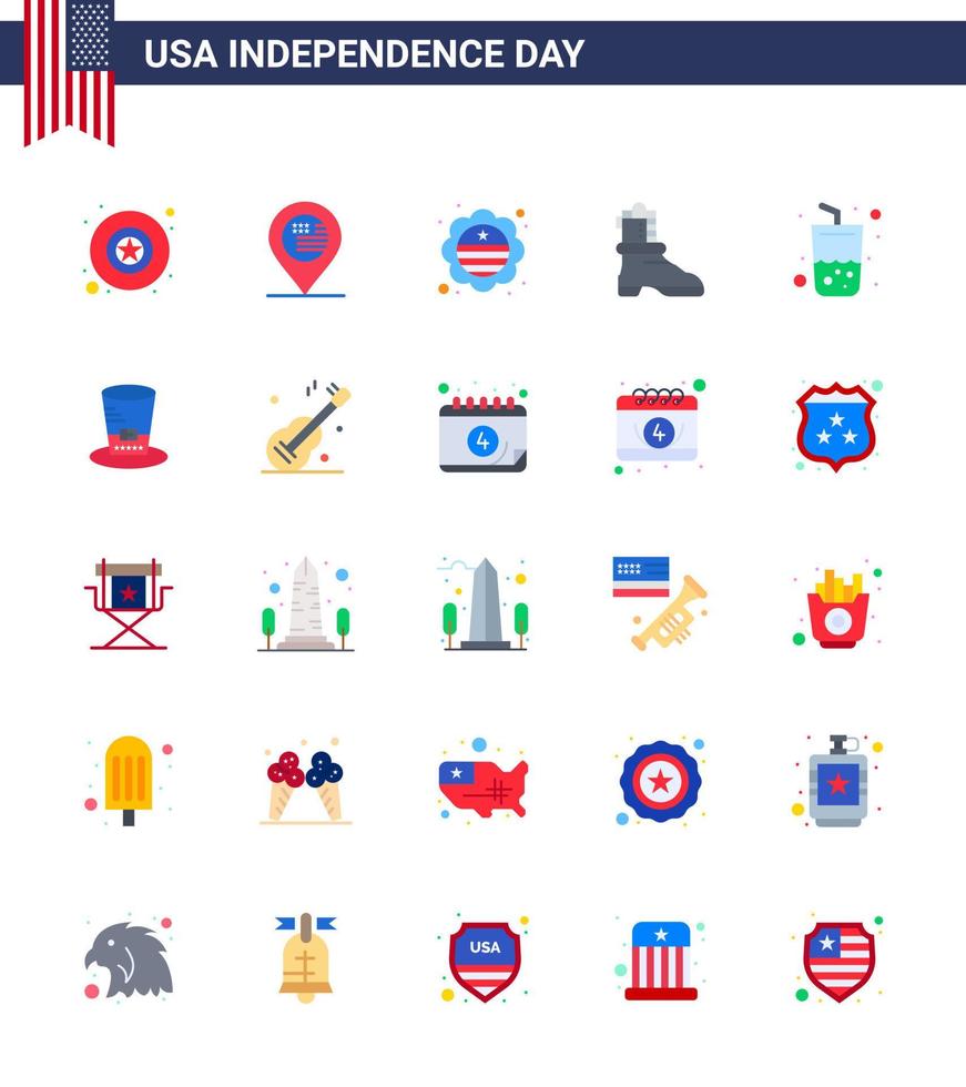 Happy Independence Day USA Pack of 25 Creative Flats of cola drink flag glass boot Editable USA Day Vector Design Elements